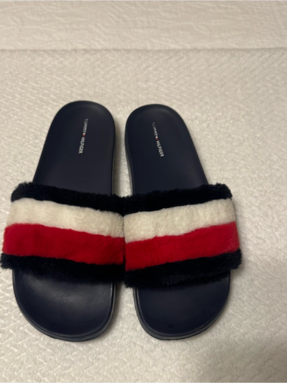 Tommy Hilfiger Faux-Fur Slide Sandals in Navy, Red & White